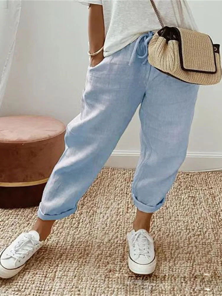 2026 Summer Cotton Linen Pants Women Drawstring High Waist Elastic Casual Trousers Breathable Female Bottoms Loose Pencil Pants