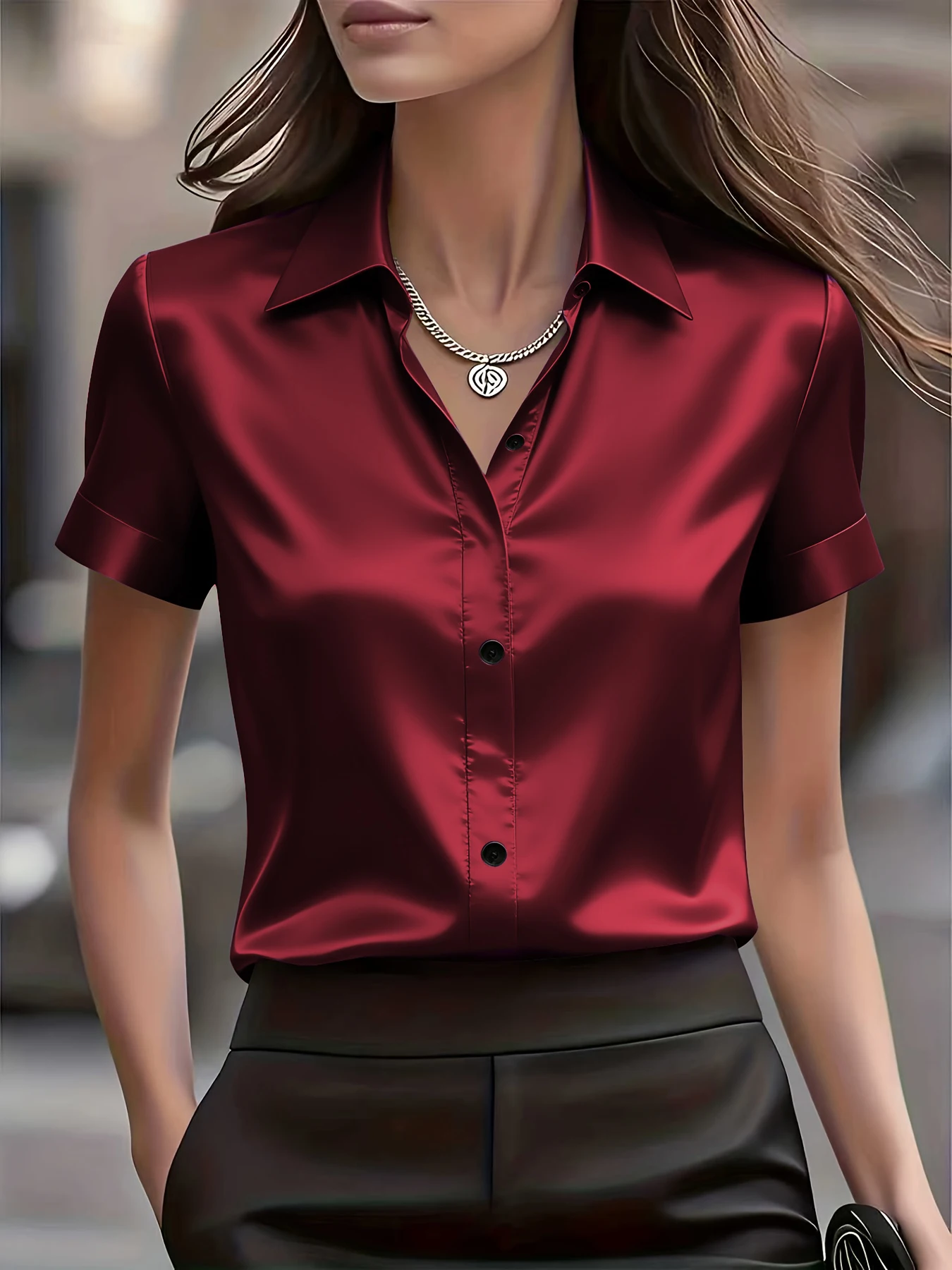 Elegant Slim Fit Silk Blend Commute Shirt Versatile Short Sleeve V Neck Bubble Sleeve Tunic for Stylish Women