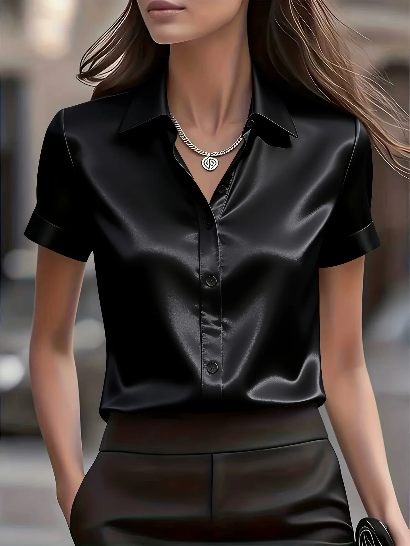 Elegant Slim Fit Silk Blend Commute Shirt Versatile Short Sleeve V Neck Bubble Sleeve Tunic for Stylish Women