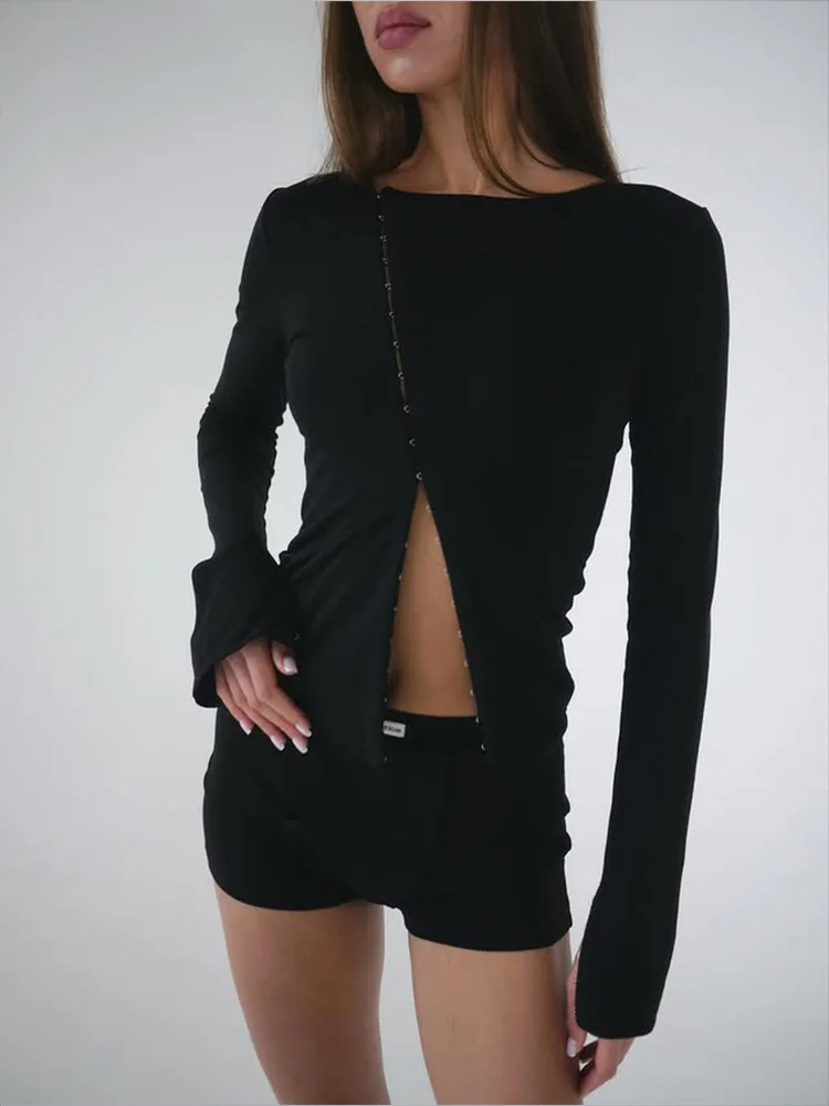 Ahagaga Fashion Solid Women's Tops Single Breasted Regular Long Sleeves Slim Fit High Street O-Neck Autumn Basic Tees Female