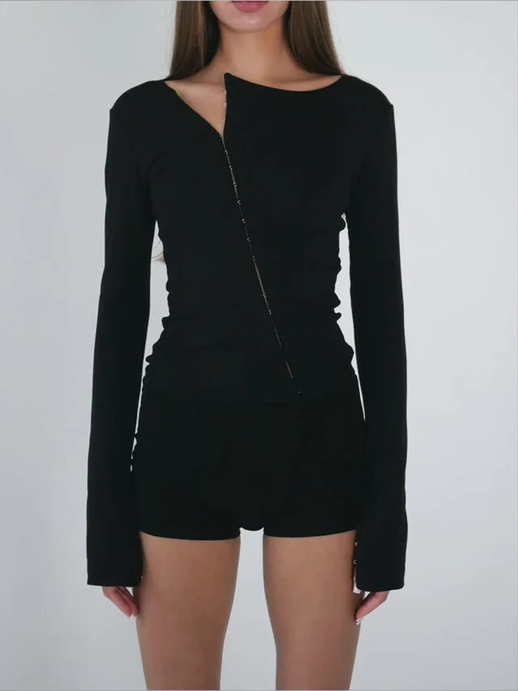 Ahagaga Fashion Solid Women's Tops Single Breasted Regular Long Sleeves Slim Fit High Street O-Neck Autumn Basic Tees Female