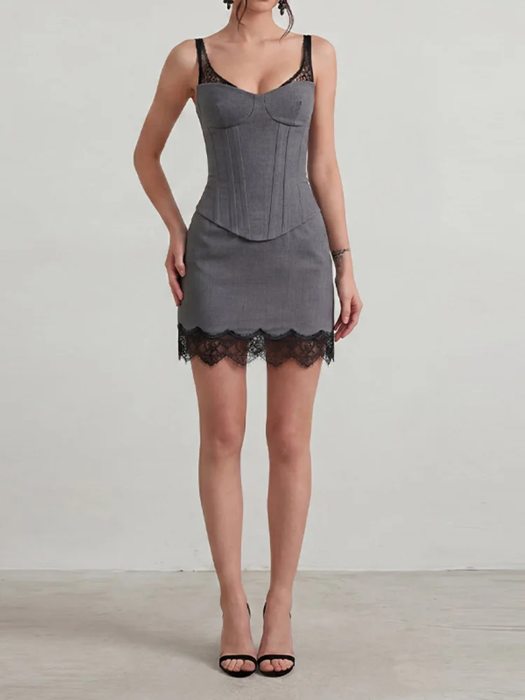 Sexy Grey Lace Patchwork Corset Dress For Women Chic Y2k Bodycon Mini Dress Bone Structure Spaghetti Straps 2026 New Lady Outfit