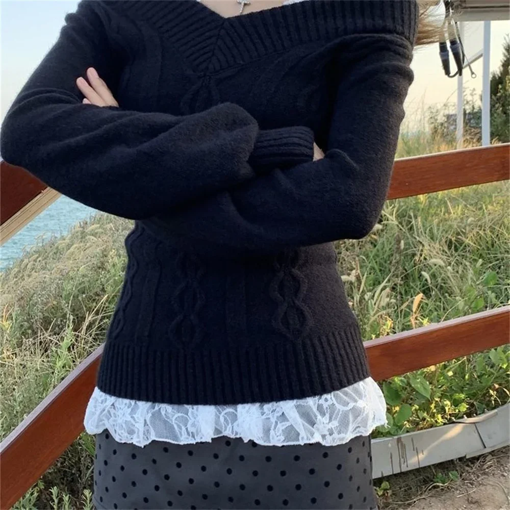 Fashion Vintage V-neck Knitted Tops Women 2025 Early Autumn New Sweaters Pullover Slim Long Sleeve Pullovers Sexy Gray Jumpers