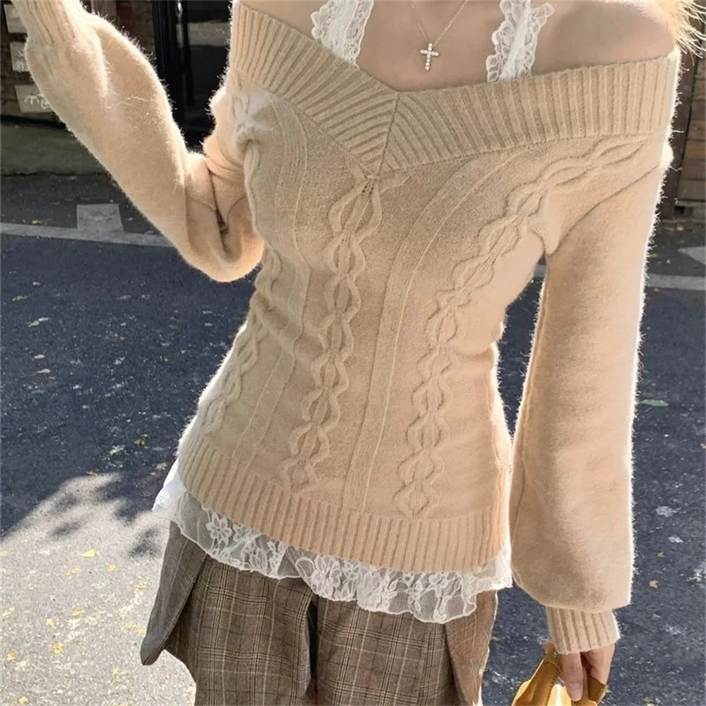 Fashion Vintage V-neck Knitted Tops Women 2025 Early Autumn New Sweaters Pullover Slim Long Sleeve Pullovers Sexy Gray Jumpers