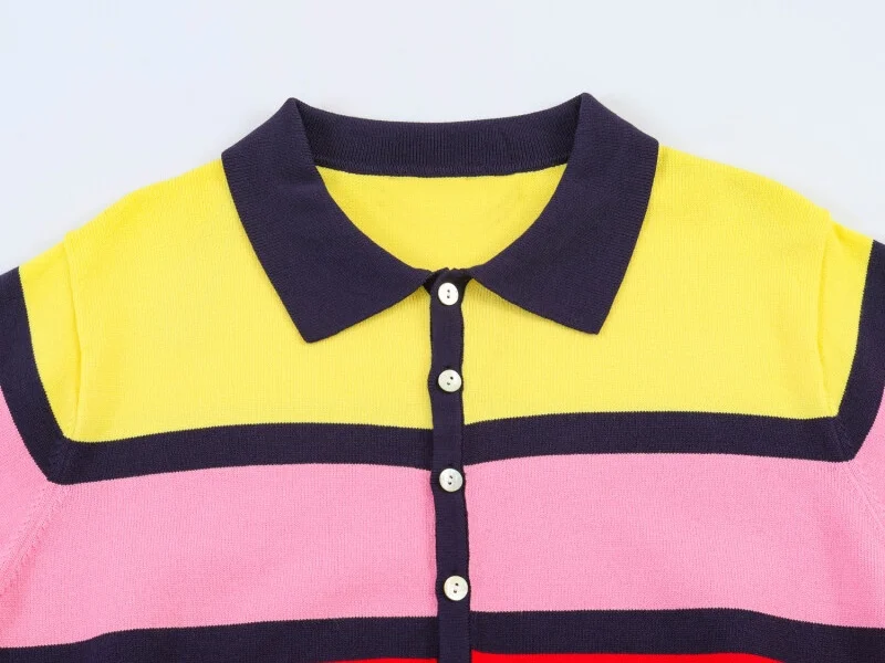 2026 New Dopamine Color Striped Polo Knit T-shirt Women Short Sleeve Lapel Knit Top Casual Daily Wear Outfits Summer Fashion