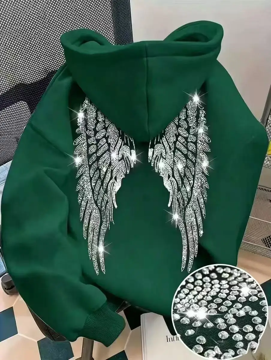 2026 Trendy New Minimalist Design with Wings and Rhinestone Sweatshirt, Casual Loose Hoodie, Pullover Jacket