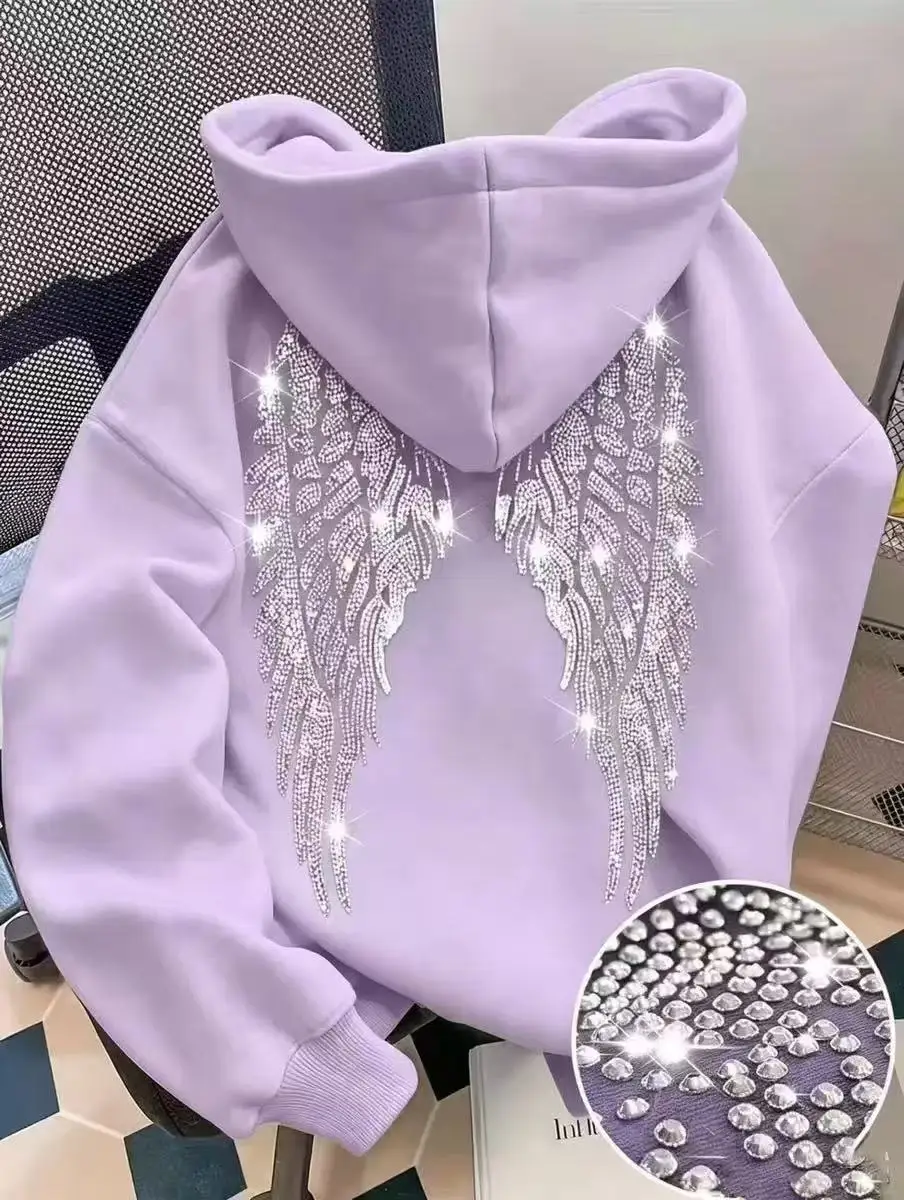 2026 Trendy New Minimalist Design with Wings and Rhinestone Sweatshirt, Casual Loose Hoodie, Pullover Jacket