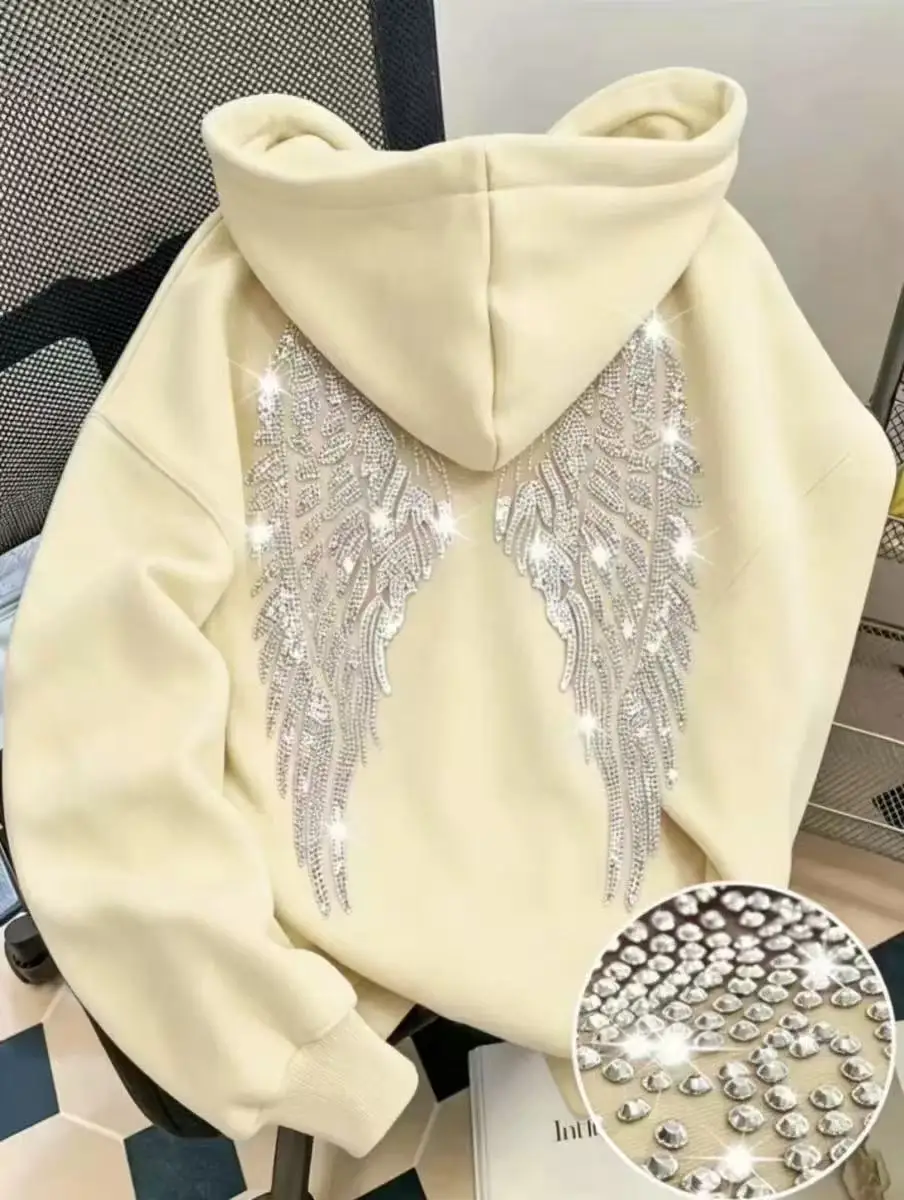 2026 Trendy New Minimalist Design with Wings and Rhinestone Sweatshirt, Casual Loose Hoodie, Pullover Jacket