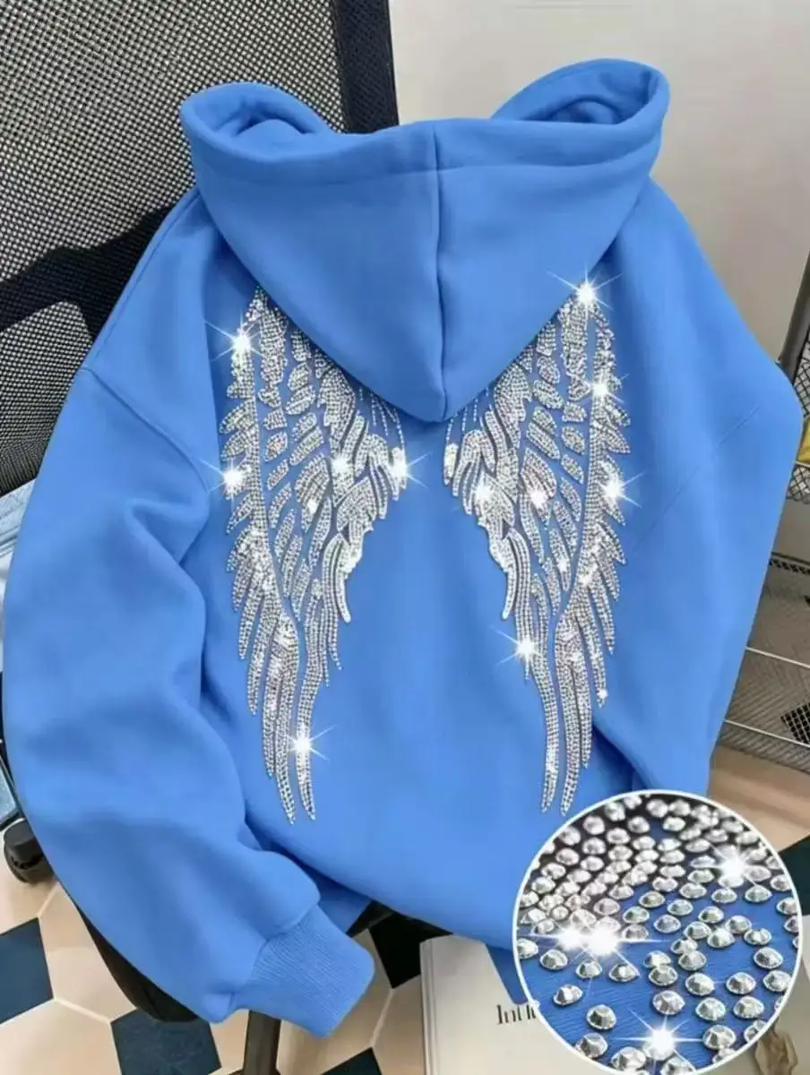2026 Trendy New Minimalist Design with Wings and Rhinestone Sweatshirt, Casual Loose Hoodie, Pullover Jacket