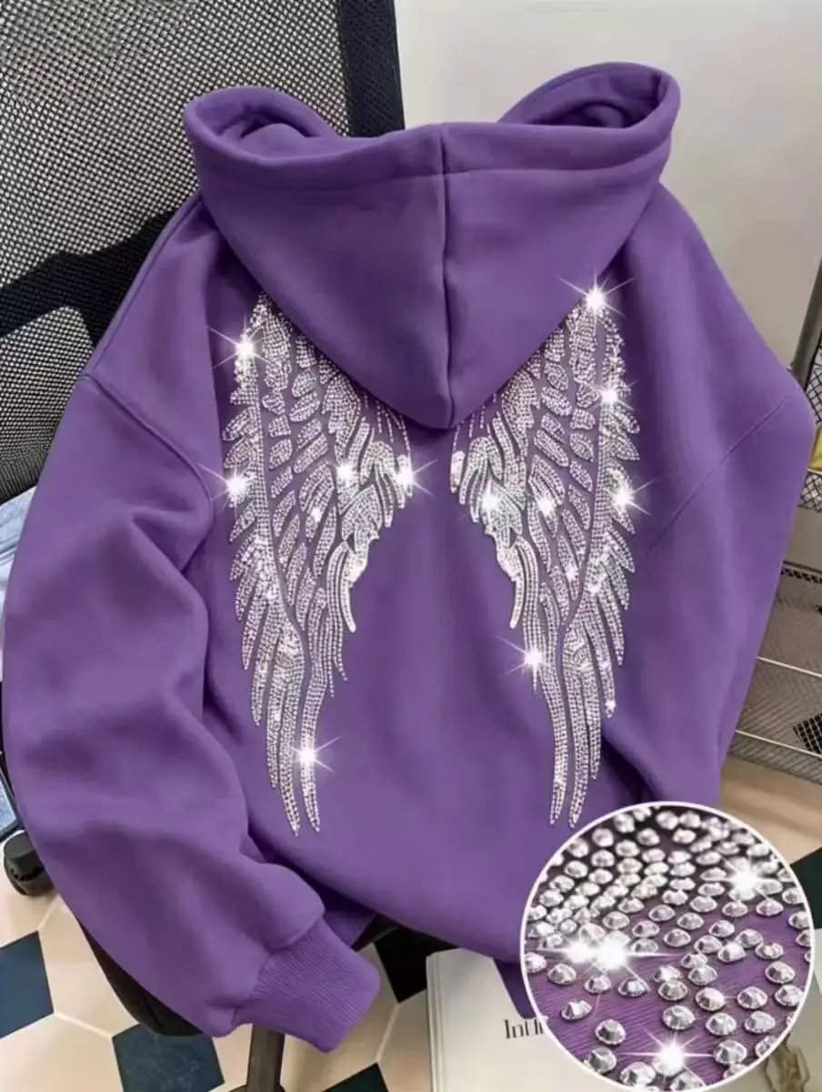 2026 Trendy New Minimalist Design with Wings and Rhinestone Sweatshirt, Casual Loose Hoodie, Pullover Jacket