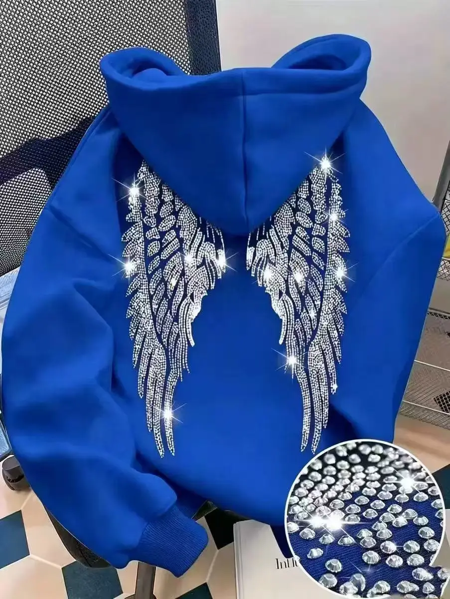 2026 Trendy New Minimalist Design with Wings and Rhinestone Sweatshirt, Casual Loose Hoodie, Pullover Jacket