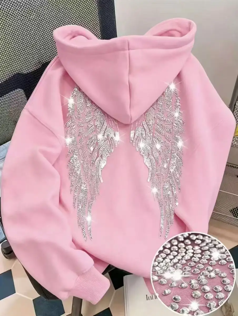 2026 Trendy New Minimalist Design with Wings and Rhinestone Sweatshirt, Casual Loose Hoodie, Pullover Jacket
