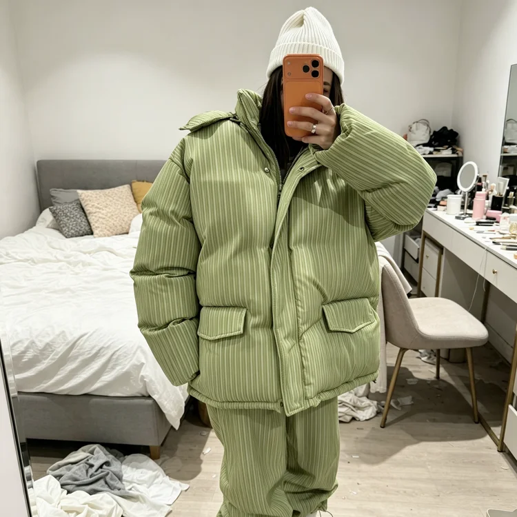 Women Striped Ski Suit 2 Pieces Set Hooded Puffer Jacket Wide Leg Snow Pants Winter Warm Waterproof Snowboard Outfit Tracksuit