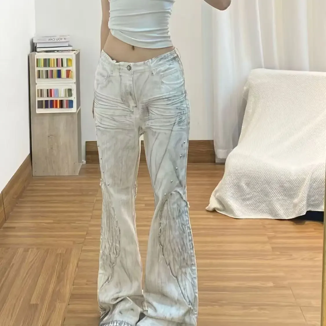 American Retro Hot Girl Tie-Dye Women's High-Waisted Bell-Bottom Pants Slim Ripped New Autumn And Winter Washed Casual Trousers