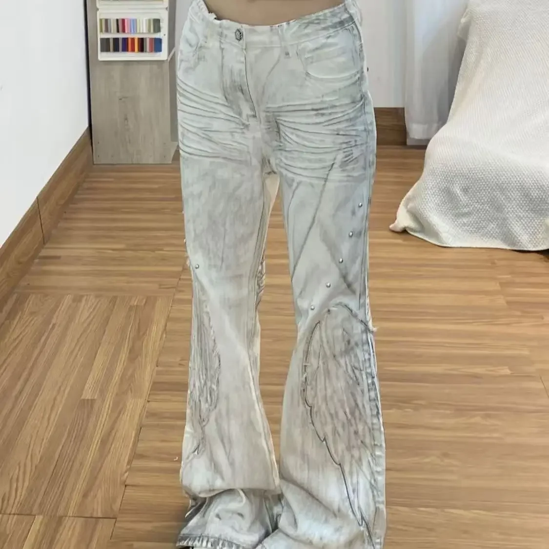 American Retro Hot Girl Tie-Dye Women's High-Waisted Bell-Bottom Pants Slim Ripped New Autumn And Winter Washed Casual Trousers