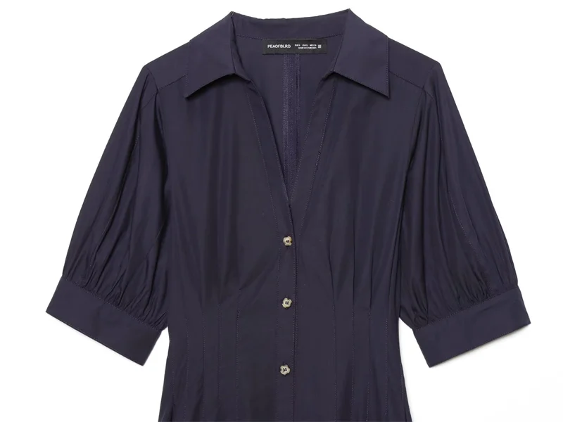 Women's Dress 2026 Spring New Style Dark Blue Short Sleeve Puff Sleeve Faille Midi Dress Simple Fashion Elegant Temperament
