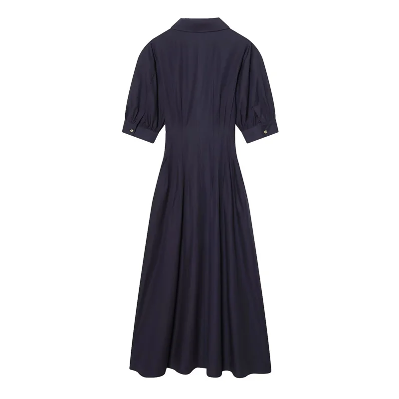 Women's Dress 2026 Spring New Style Dark Blue Short Sleeve Puff Sleeve Faille Midi Dress Simple Fashion Elegant Temperament