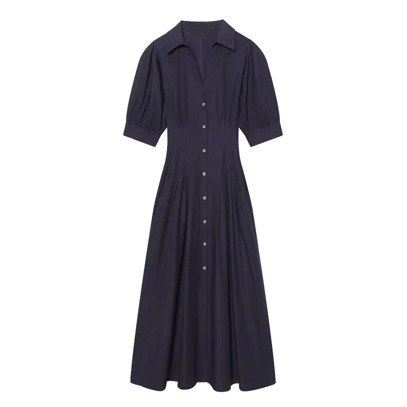 Women's Dress 2026 Spring New Style Dark Blue Short Sleeve Puff Sleeve Faille Midi Dress Simple Fashion Elegant Temperament