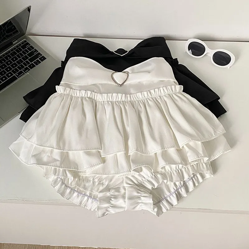 Heart Buckle Tiered Mini Skirt Women Layered Ruffles Trim Miniskirt Kawaii Skort Y2K Japanese Sukapan Balletcore Coquette