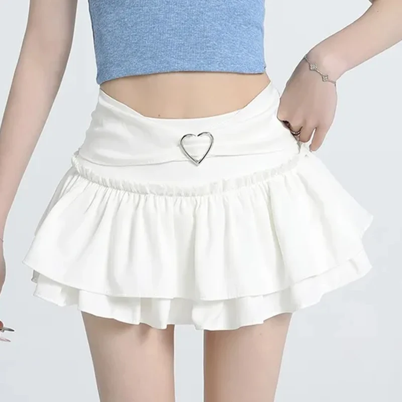 Heart Buckle Tiered Mini Skirt Women Layered Ruffles Trim Miniskirt Kawaii Skort Y2K Japanese Sukapan Balletcore Coquette