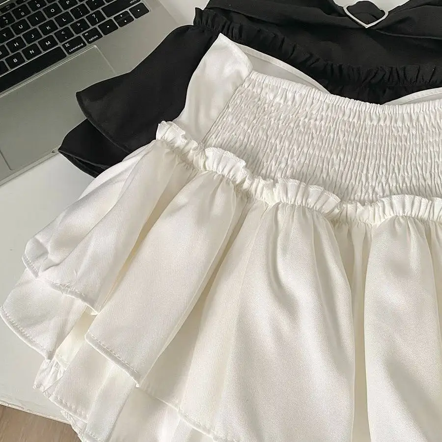 Heart Buckle Tiered Mini Skirt Women Layered Ruffles Trim Miniskirt Kawaii Skort Y2K Japanese Sukapan Balletcore Coquette