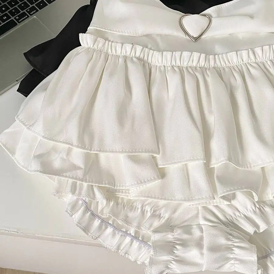 Heart Buckle Tiered Mini Skirt Women Layered Ruffles Trim Miniskirt Kawaii Skort Y2K Japanese Sukapan Balletcore Coquette