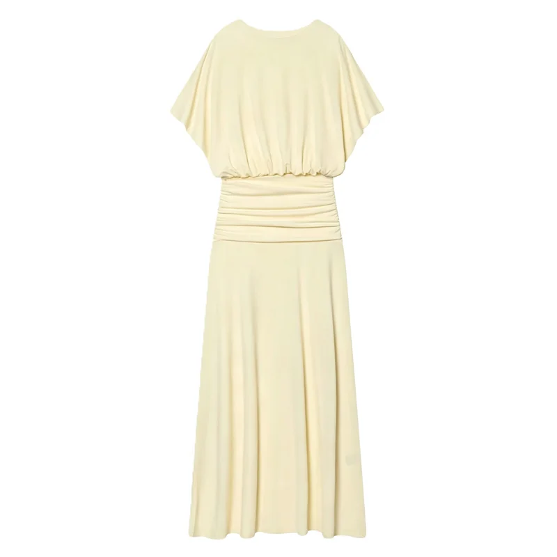 Women's Dress 2026 Summer New Style Solid Color Short Sleeve Ruffle Decor Midi Maxi Dress Elegant and Gentle Romantic