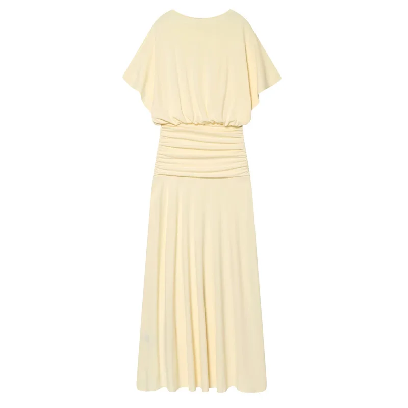 Women's Dress 2026 Summer New Style Solid Color Short Sleeve Ruffle Decor Midi Maxi Dress Elegant and Gentle Romantic