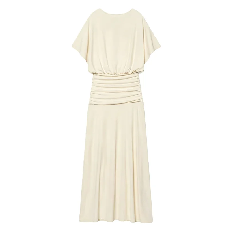 Women's Dress 2026 Summer New Style Solid Color Short Sleeve Ruffle Decor Midi Maxi Dress Elegant and Gentle Romantic
