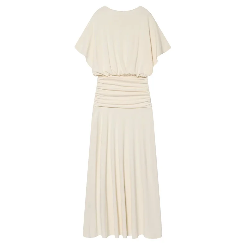 Women's Dress 2026 Summer New Style Solid Color Short Sleeve Ruffle Decor Midi Maxi Dress Elegant and Gentle Romantic