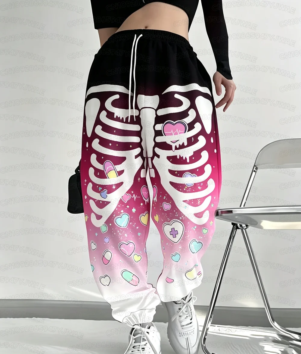 Spring and Autumn Women's Men's Gothic Hip Hop Yami Kawaii Y2K Skull Print Street Style Casual Long Jogger Pants