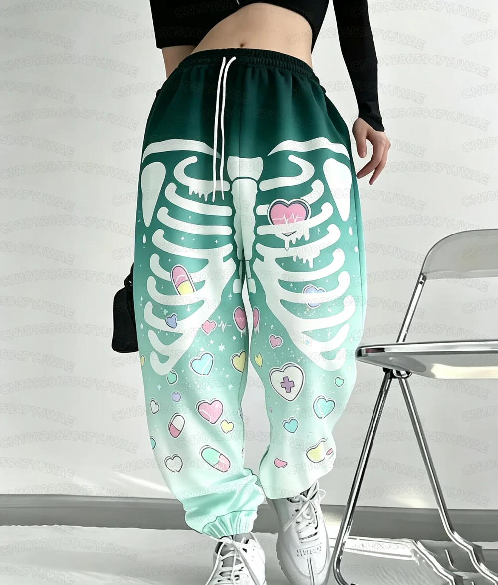 Spring and Autumn Women's Men's Gothic Hip Hop Yami Kawaii Y2K Skull Print Street Style Casual Long Jogger Pants