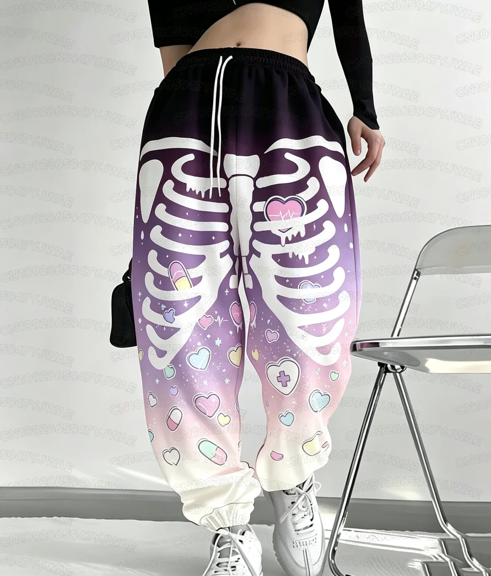 Spring and Autumn Women's Men's Gothic Hip Hop Yami Kawaii Y2K Skull Print Street Style Casual Long Jogger Pants
