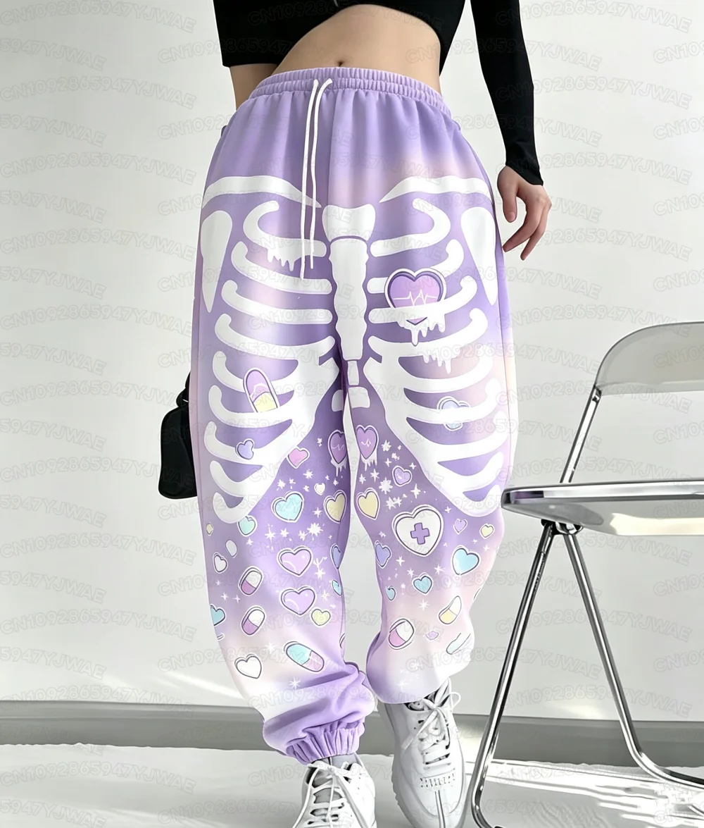 Spring and Autumn Women's Men's Gothic Hip Hop Yami Kawaii Y2K Skull Print Street Style Casual Long Jogger Pants