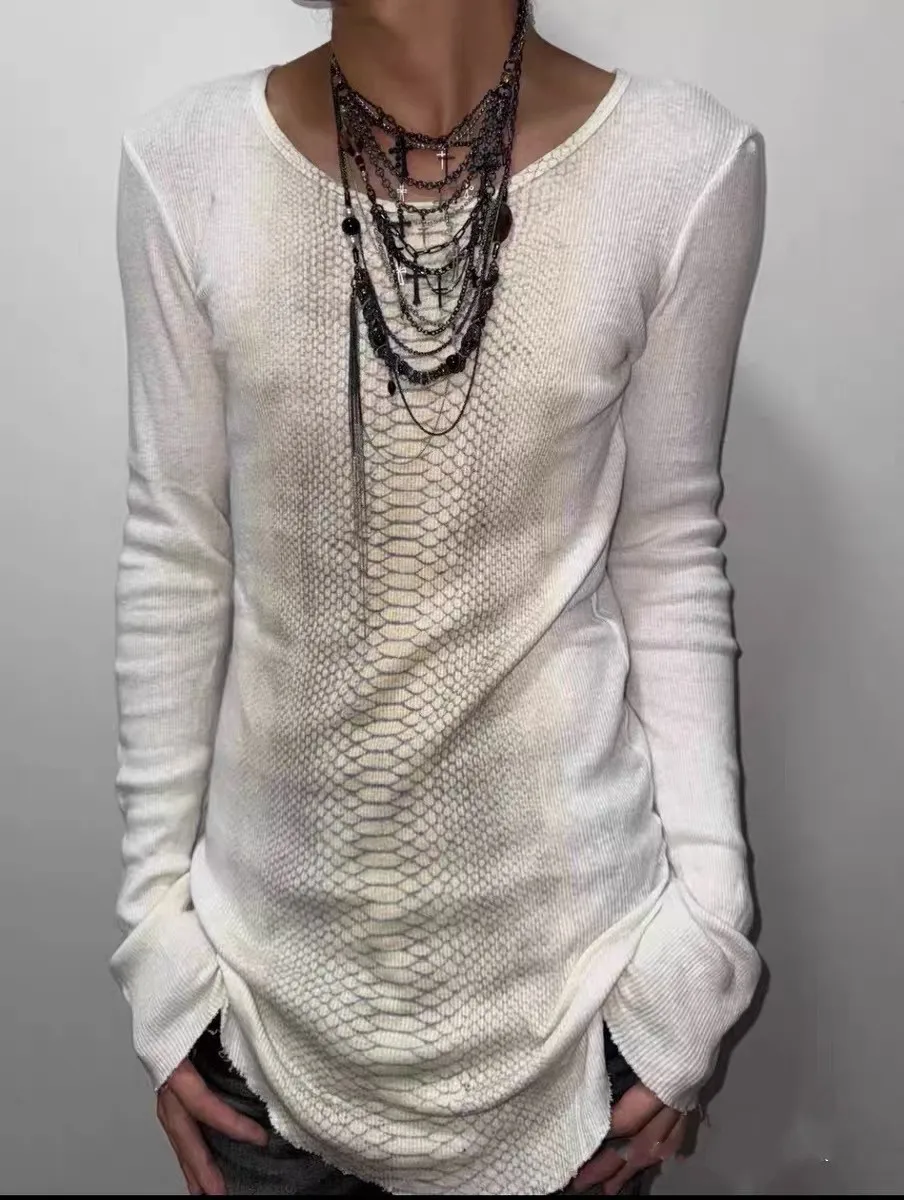 Karrcat Trashy Y2k Snakeskin Print T-shirt Grunge Aesthetics Long Sleeve Knitted Tops Vintage 2000s Streetwear American Retro