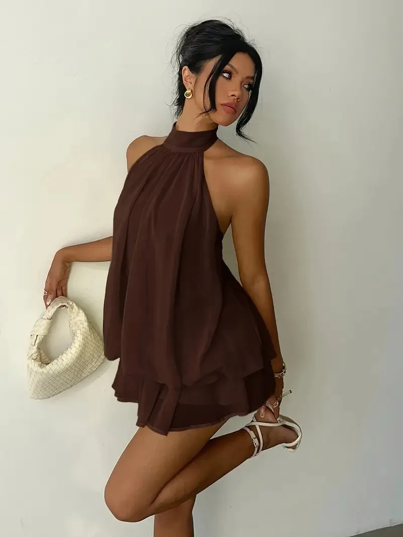 Women Halter Neck Backless Tie Mini Dress Summer Sleeveless Chiffon Ruffle Short Dresses Sexy Club Party Beach Vacation Outfit