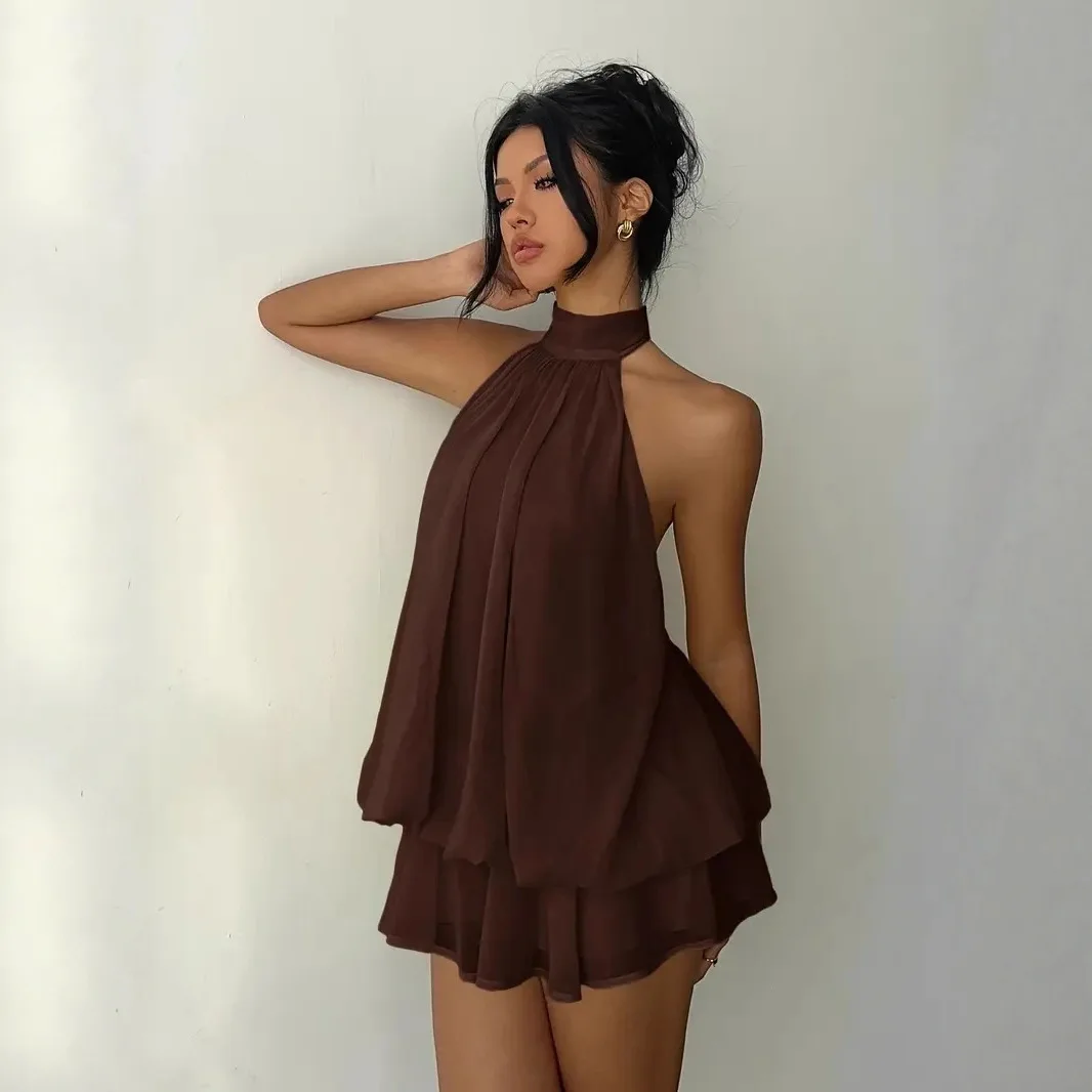 Women Halter Neck Backless Tie Mini Dress Summer Sleeveless Chiffon Ruffle Short Dresses Sexy Club Party Beach Vacation Outfit