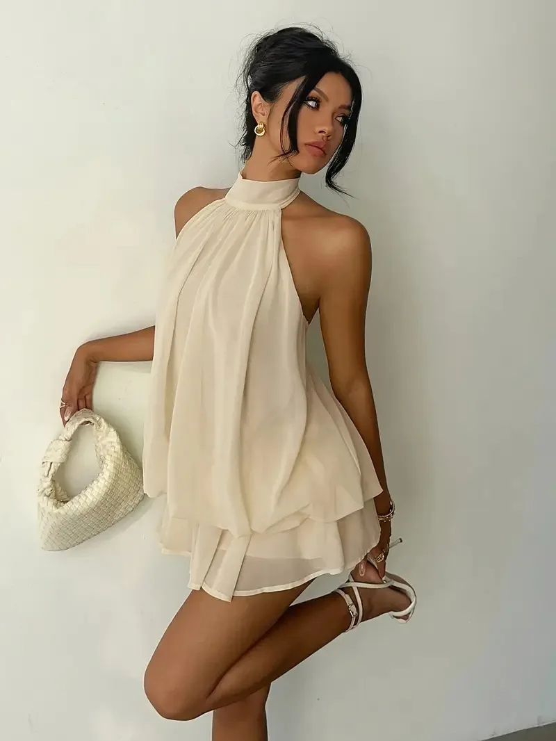 Women Halter Neck Backless Tie Mini Dress Summer Sleeveless Chiffon Ruffle Short Dresses Sexy Club Party Beach Vacation Outfit