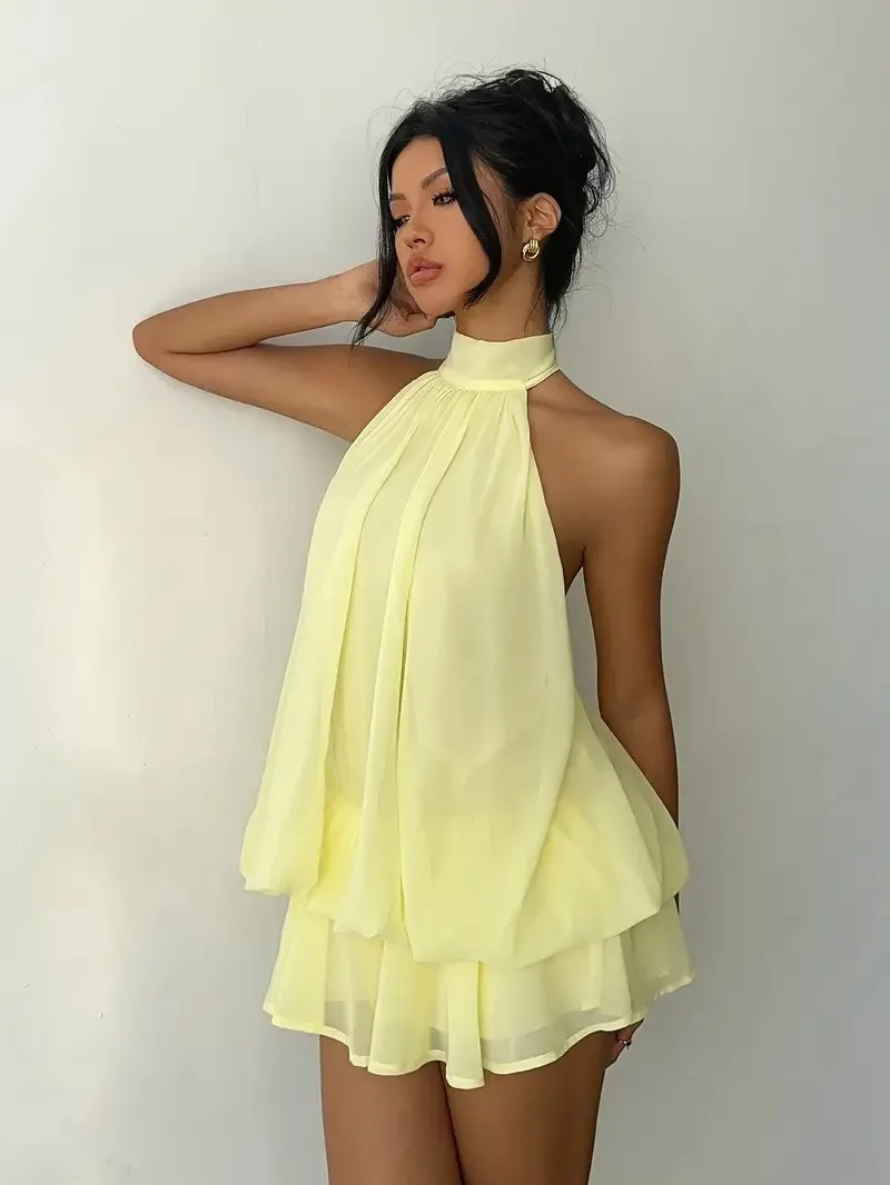 Women Halter Neck Backless Tie Mini Dress Summer Sleeveless Chiffon Ruffle Short Dresses Sexy Club Party Beach Vacation Outfit