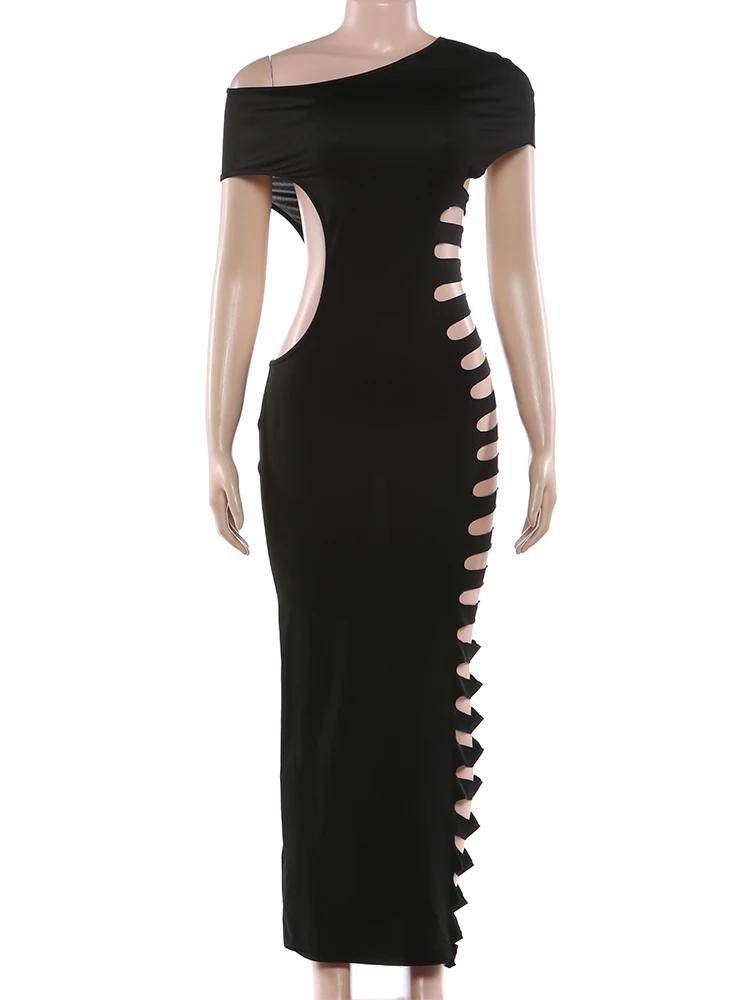 Kliou Sexy Fashion Long Dress Woman Skew Collar Off Shoulder Side Hollow Design Midnight Club Party Hipster Coquettish Vestidos