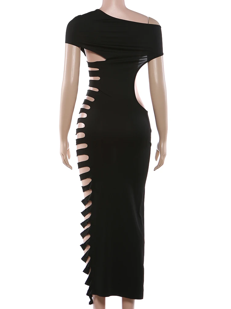 Kliou Sexy Fashion Long Dress Woman Skew Collar Off Shoulder Side Hollow Design Midnight Club Party Hipster Coquettish Vestidos
