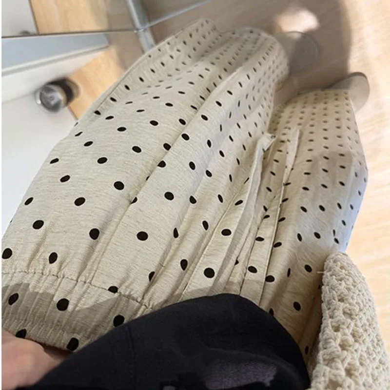 Women's Breathable Linen Polka Dot Banana Pants Summer Casual Trousers Elastic Waist Drawstring Wide-Leg Pants