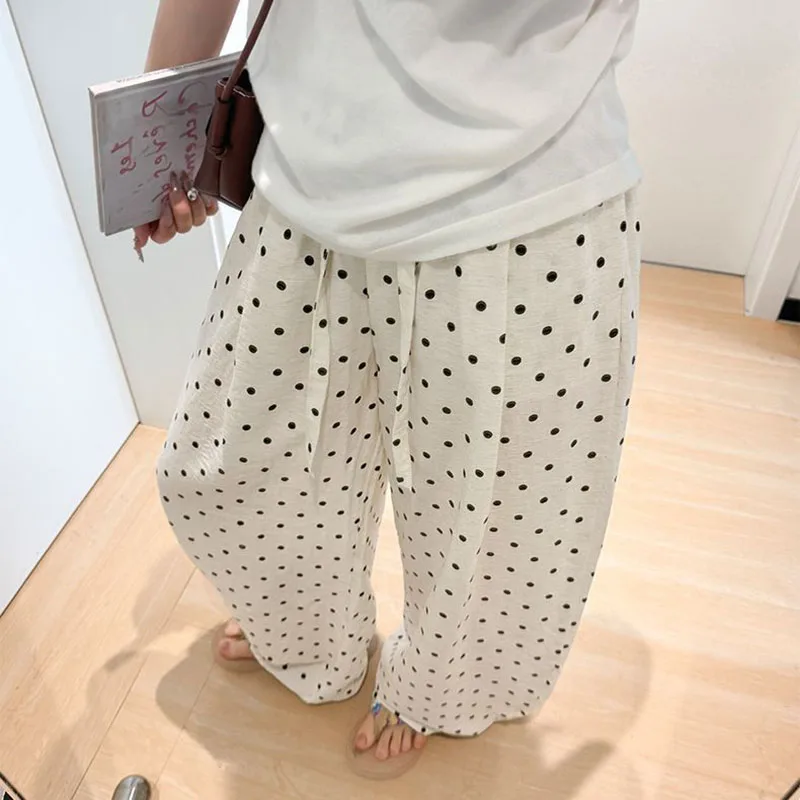 Women's Breathable Linen Polka Dot Banana Pants Summer Casual Trousers Elastic Waist Drawstring Wide-Leg Pants