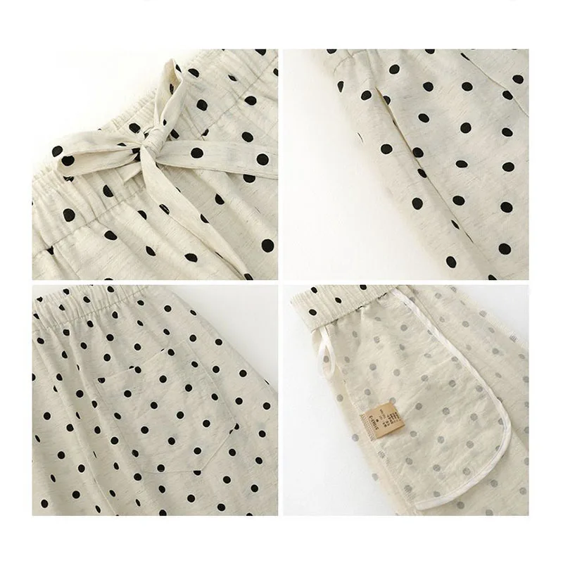 Women's Breathable Linen Polka Dot Banana Pants Summer Casual Trousers Elastic Waist Drawstring Wide-Leg Pants