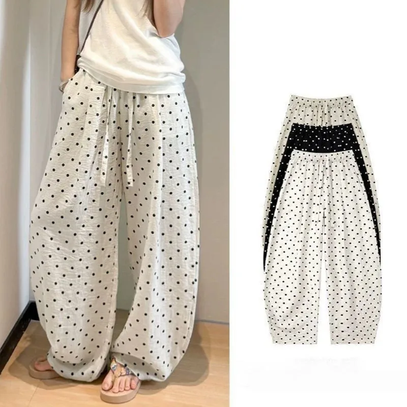 Women's Breathable Linen Polka Dot Banana Pants Summer Casual Trousers Elastic Waist Drawstring Wide-Leg Pants