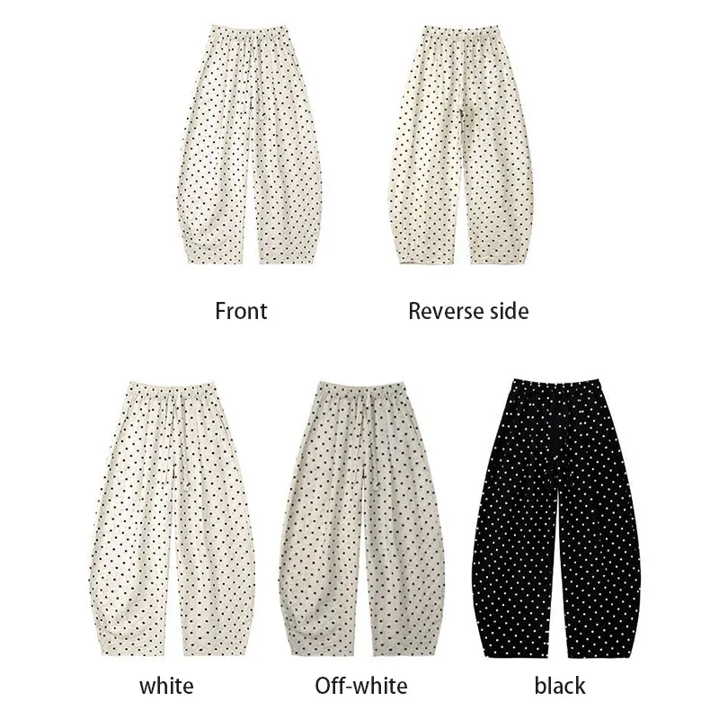 Women's Breathable Linen Polka Dot Banana Pants Summer Casual Trousers Elastic Waist Drawstring Wide-Leg Pants