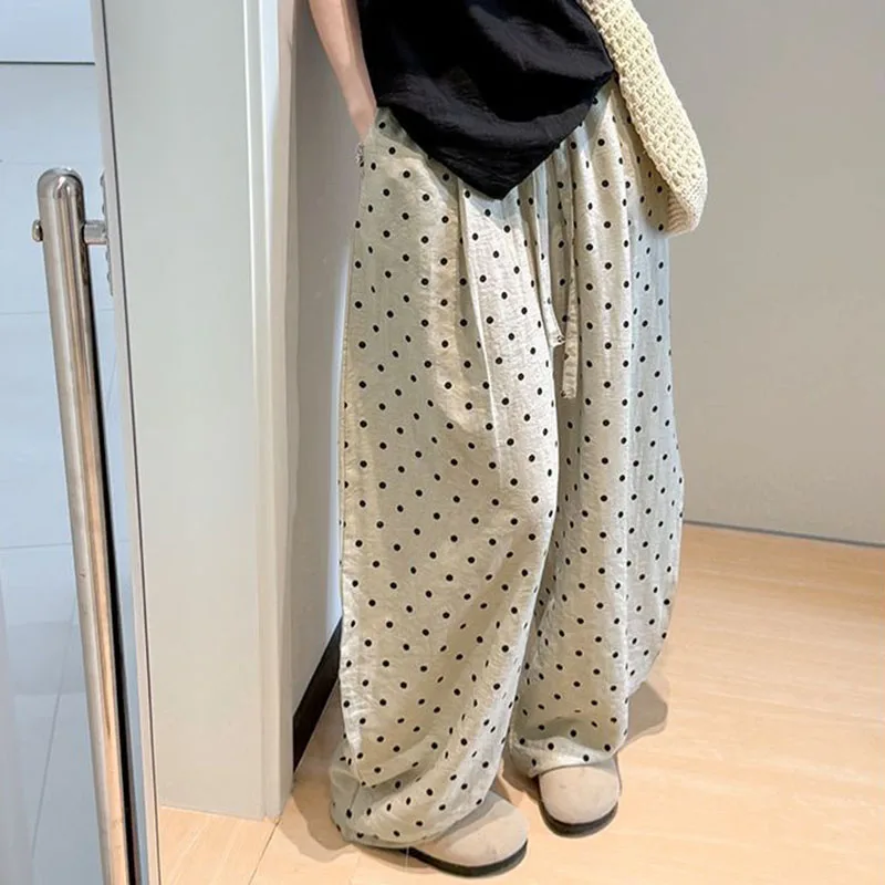 Women's Breathable Linen Polka Dot Banana Pants Summer Casual Trousers Elastic Waist Drawstring Wide-Leg Pants