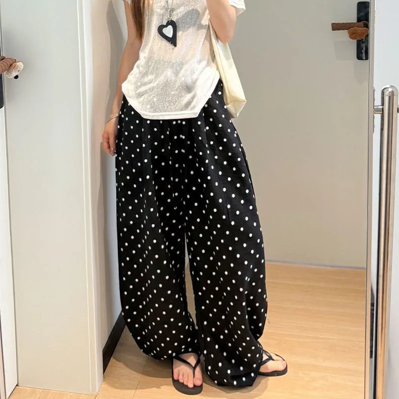 Women's Breathable Linen Polka Dot Banana Pants Summer Casual Trousers Elastic Waist Drawstring Wide-Leg Pants