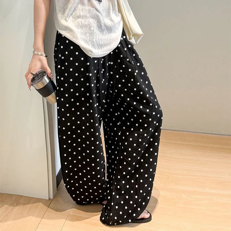 Women's Breathable Linen Polka Dot Banana Pants Summer Casual Trousers Elastic Waist Drawstring Wide-Leg Pants