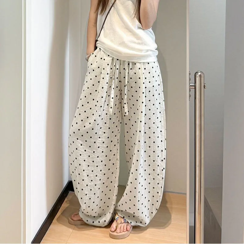 Women's Breathable Linen Polka Dot Banana Pants Summer Casual Trousers Elastic Waist Drawstring Wide-Leg Pants